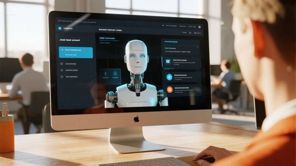 AI-powered SDR agents using automation tools with holographic dashboards for lead generation, LinkedIn outreach, and CRM workflows in a modern Manchester office.