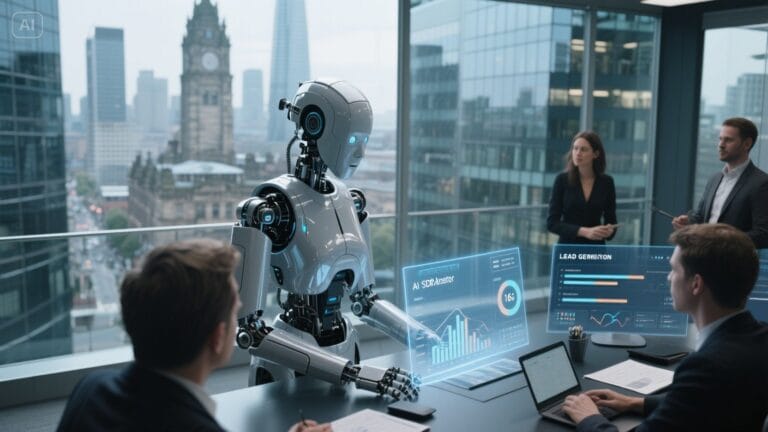 Futuristic AI SDR agent helping Glasgow businesses with sales automation and lead generation.