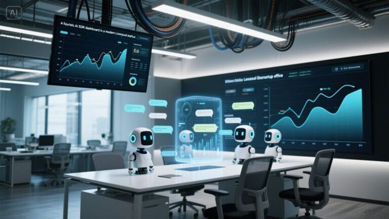 Futuristic AI SDR dashboard helping Liverpool startups grow with automated lead generation.