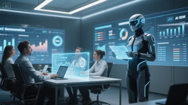 A futuristic AI SDR agent analyzing lead generation and sales data for a Liverpool business team in a modern office environment.