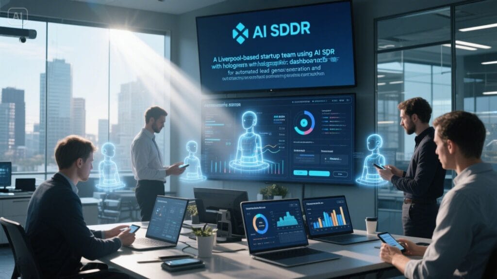 AI SDR software showing automated sales pipeline steps with Liverpool city view in the background.