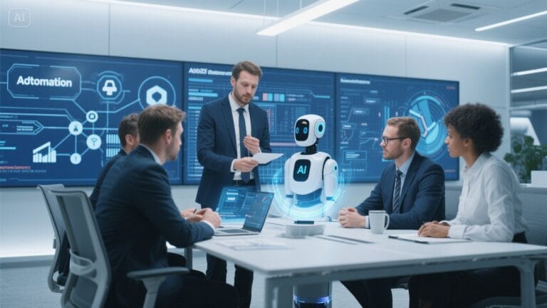 Futuristic AI automation agency supporting UK business professionals with digital workflows in 2025 office setting