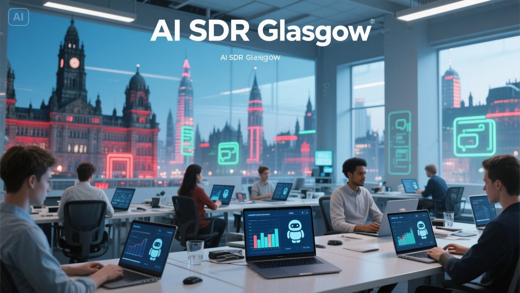 Diverse Glasgow startup team using AI SDR tools to automate sales and replace traditional SDR methods.
