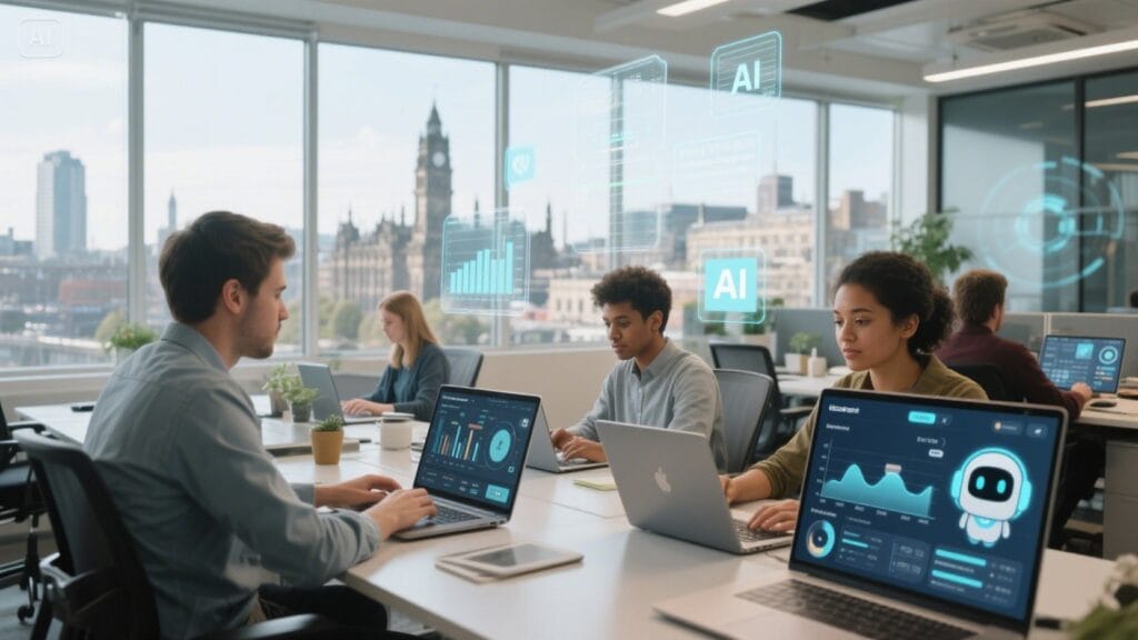 Glasgow startup team using AI SDR tools to streamline sales workflows in a modern office environment.