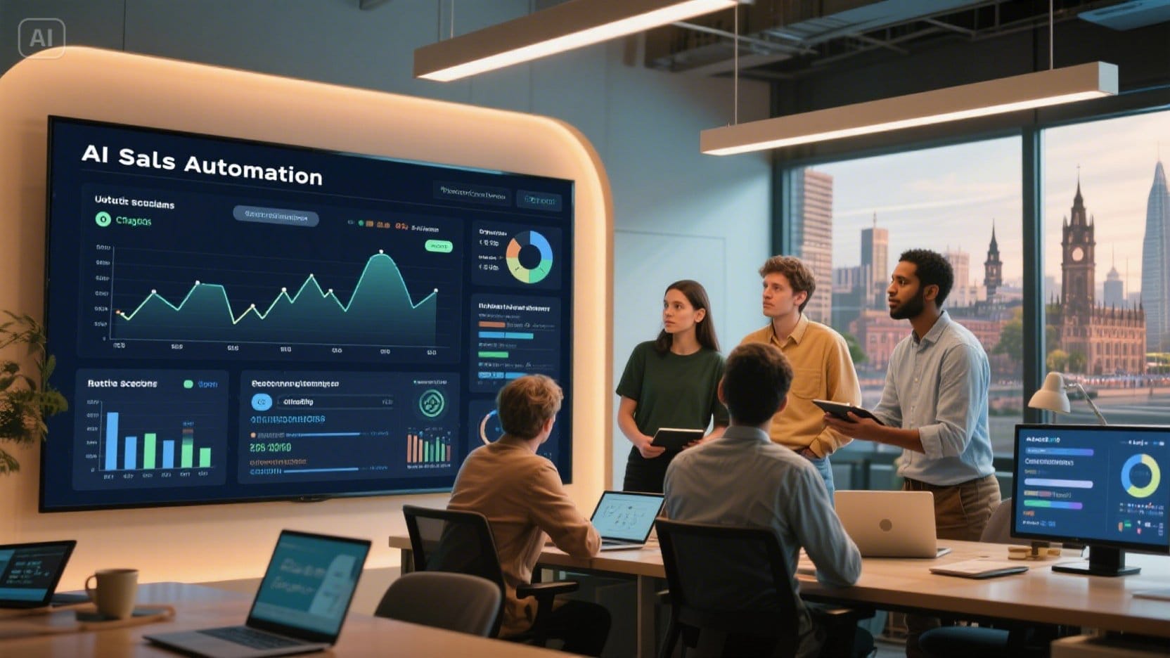 Glasgow business professionals using AI SDR sales automation tools to analyse lead generation and outreach performance in a modern tech office environment.