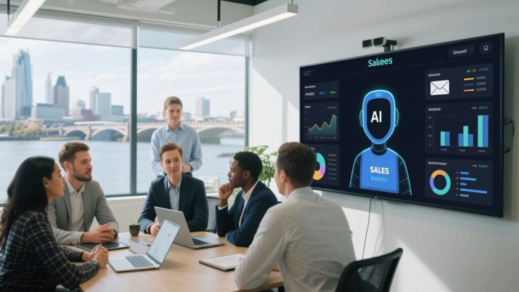 The Rise of AI SDR Agents in Glasgow’s Tech Ecosystem 2 Sales team exploring AI SDR tools in a Glasgow startup with automation dashboard on screen