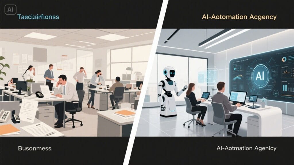 Side-by-side comparison of a traditional business agency with paperwork and calls versus an AI automation agency using modern tools and robotics in 2025