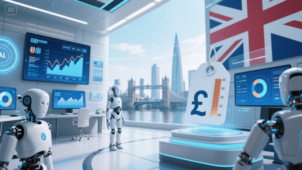 Illustration showing the cost of AI automation for UK businesses with digital tools, AI robots, pound symbols, and financial charts in a modern British setting