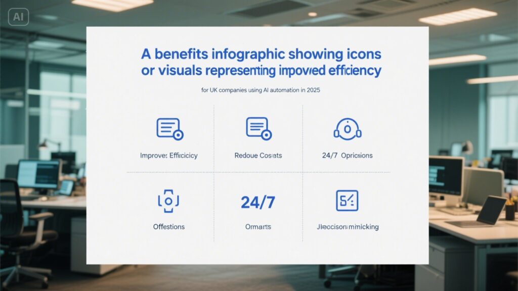 Infographic showing major benefits like efficiency, cost savings, and round-the-clock operations from AI automation for UK businesses in 2025