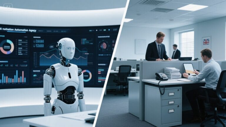 Visual comparison between an AI automation agency and a traditional agency for UK businesses in 2025, highlighting innovation vs manual processes
