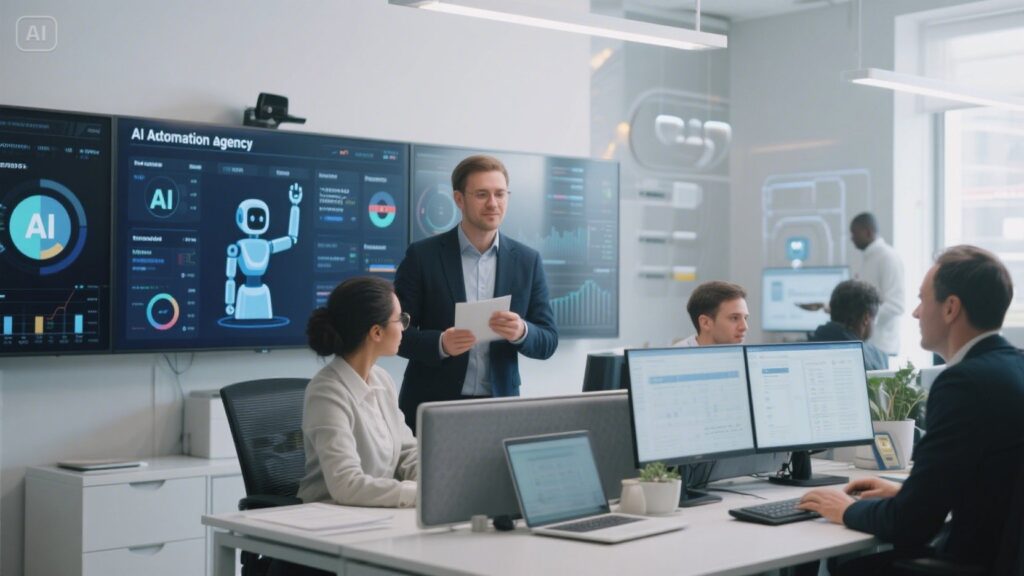 AI automation agency team operating intelligent systems and workflows in a UK tech office, showing how artificial intelligence agencies work in 2025