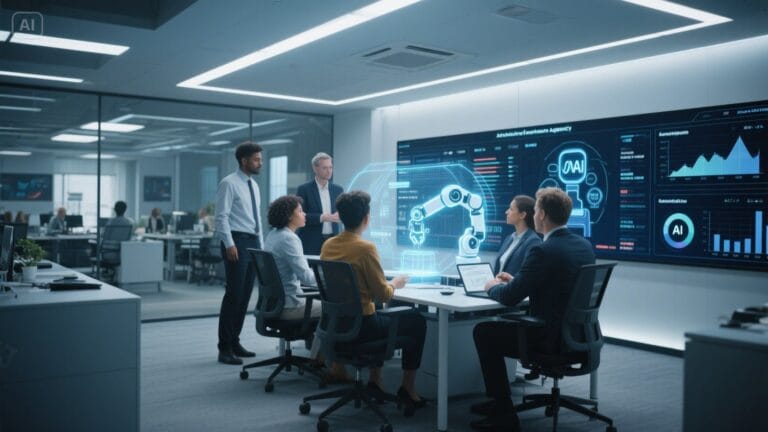 UK professionals using artificial intelligence automation tools in a digital business agency setup in 2025