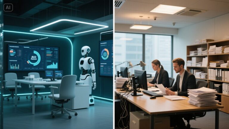 Side-by-side image showing AI automation agency and traditional agency office environments in the UK, 2025 comparison