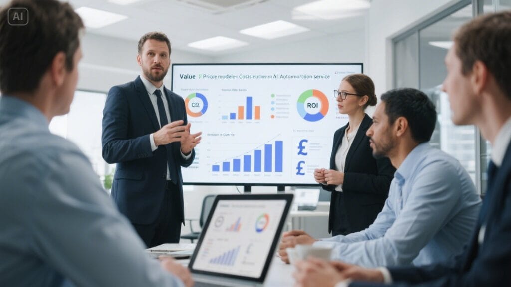 UK business team reviewing the cost and ROI of working with an AI automation agency using analytics and digital pricing dashboards