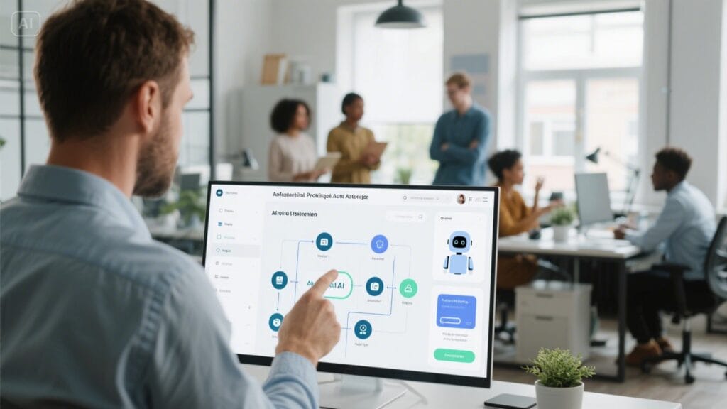 Small business owner using artificial intelligence automation tools in a modern UK office to streamline operations and boost productivity
