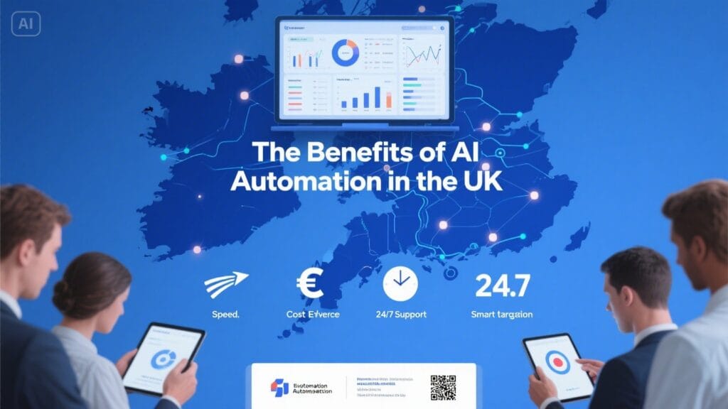 Visual representation of AI automation agency benefits for UK businesses, showing speed, cost savings, and smart automation tools in 2025