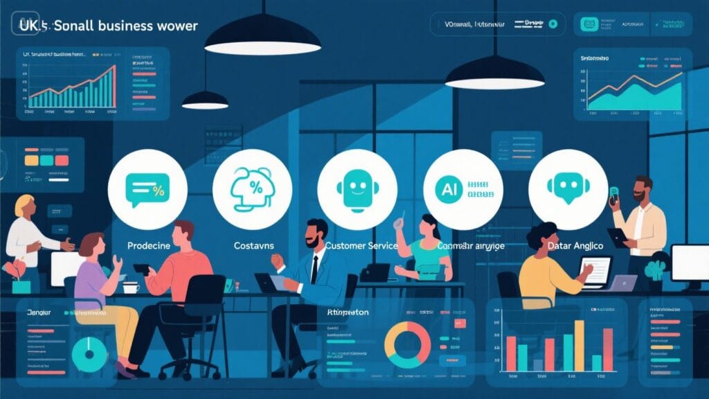 Visual representation of UK SMEs using AI automation to reduce costs, increase productivity, and improve customer service