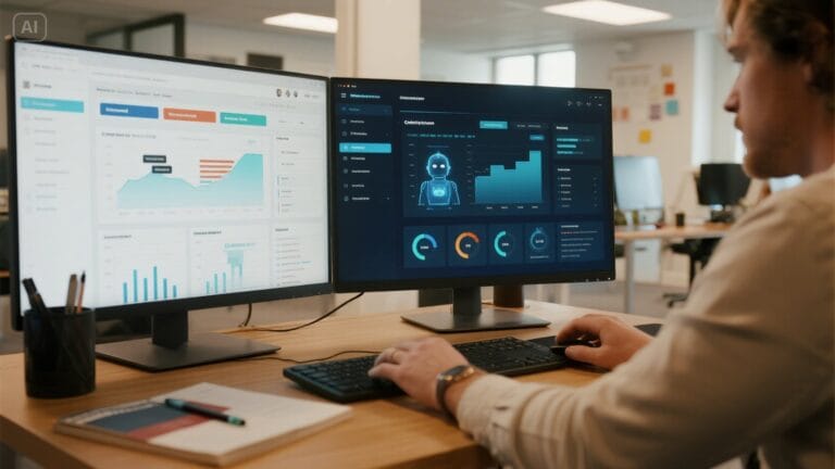 Futuristic marketing agency using AI automation tools like analytics dashboards, chatbots, and campaign schedulers