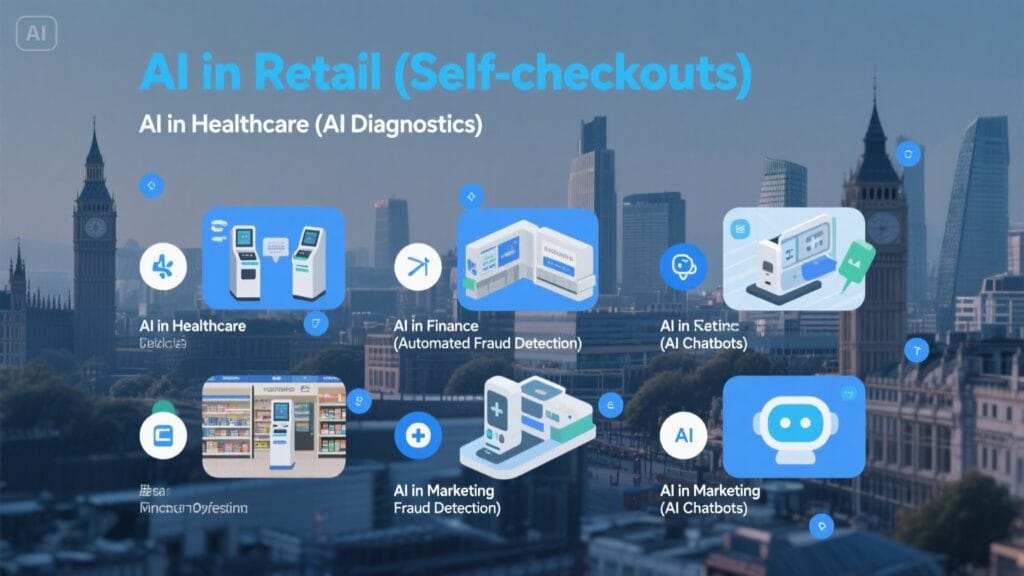 Illustration showing practical AI automation use cases in the UK across retail, healthcare, finance, and marketing sectors