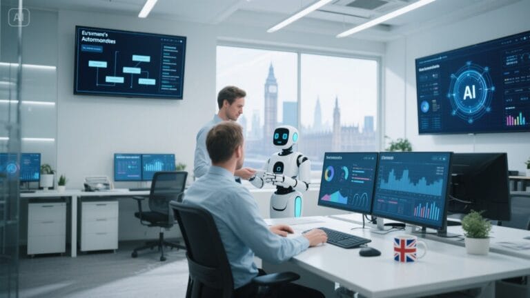 Artificial intelligence automation agency supporting UK small business with workflow automation and smart technology tools in a modern office