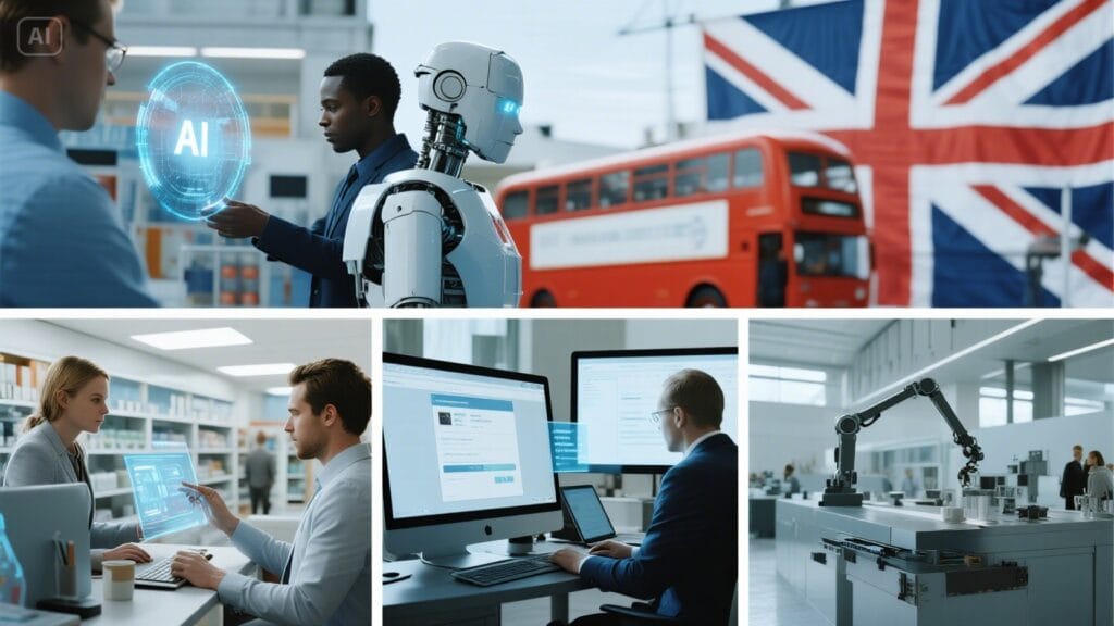 UK businesses using AI automation in retail, offices, and factories with visible digital tools and real-world workplace settings