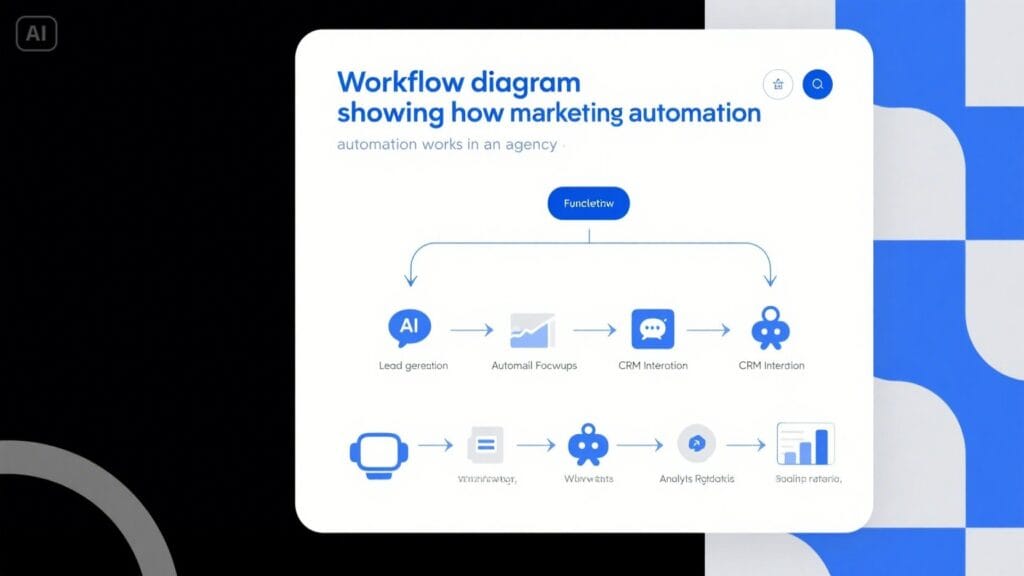 What Is Marketing Agency Automation? 3 Marketing automation process flow for agencies showing lead generation, follow-ups, CRM, and analytics tools