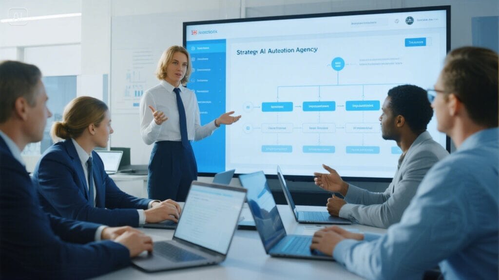 UK business professionals collaborating with an AI automation agency on strategy, onboarding, and workflow automation