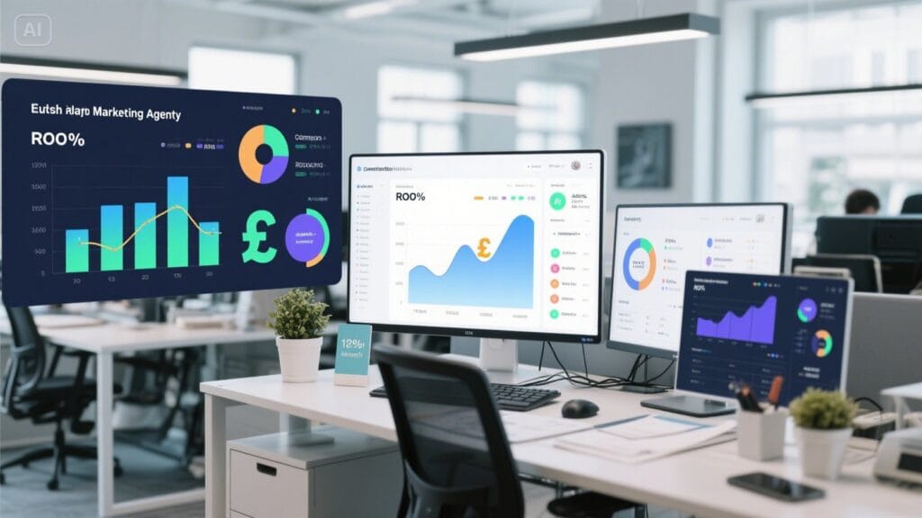 ROI growth from marketing automation in a UK agency, with dashboards and analytics showing increased revenue and efficiency.