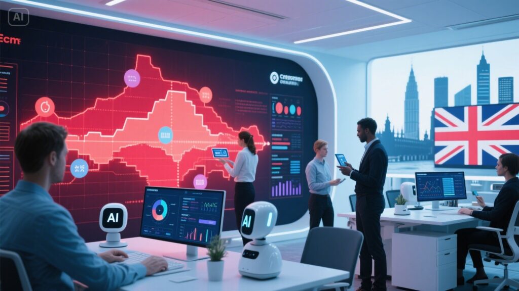 AI tools transforming the UK marketing industry, showing real-time analytics, content automation, and predictive insights in a modern agency setting.