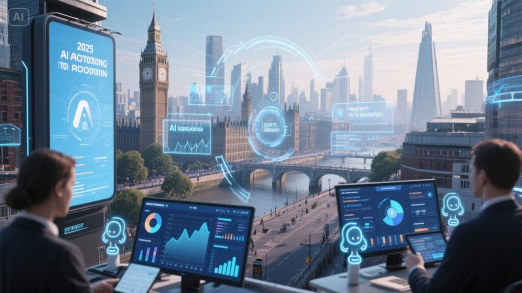 Futuristic view of the UK marketing industry in 2025 showcasing AI automation trends, smart tools, and the digital transformation of marketing strategies
