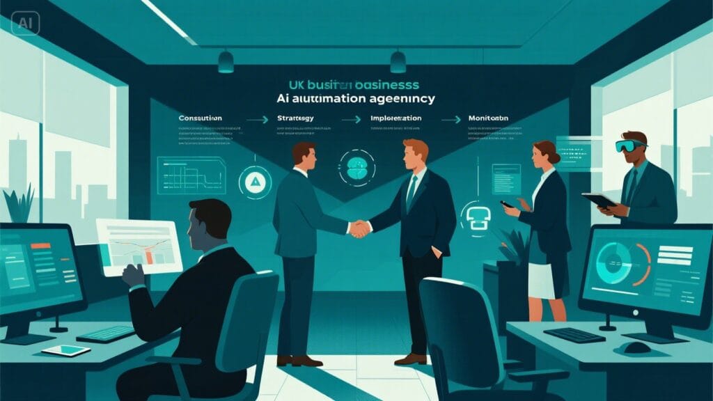 Step-by-step process of a UK business partnering with an AI automation agency for strategy, implementation, and ROI tracking