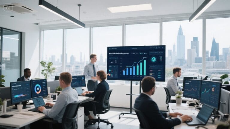 Digital team using marketing agency automation tools in a UK office, with AI dashboards and campaign analytics on screens.