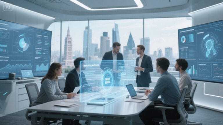 Futuristic UK marketing agency using automation tools and AI dashboards to manage 2025 digital campaigns.