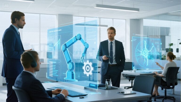 Illustration showing AI automation agency concept with businesspeople using artificial intelligence tools in a UK office environment