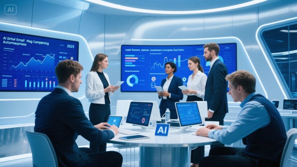 Illustration of digital marketing automation benefits like AI email campaigns, real-time analytics, and automated workflows for UK businesses in 2025