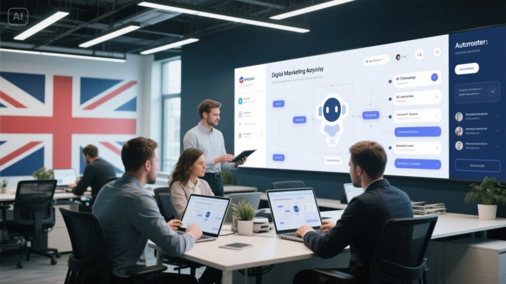 Team using AI-powered marketing automation tools in a UK agency office, showing workflows and campaign dashboards.