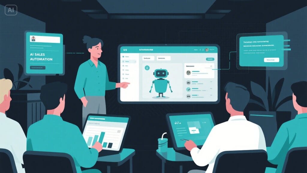 UK business team learning how to use AI-powered sales automation tools during an internal training session with digital dashboards.