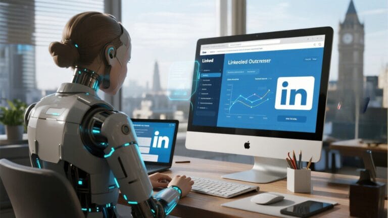 AI assistant automating LinkedIn outreach in a modern UK business office