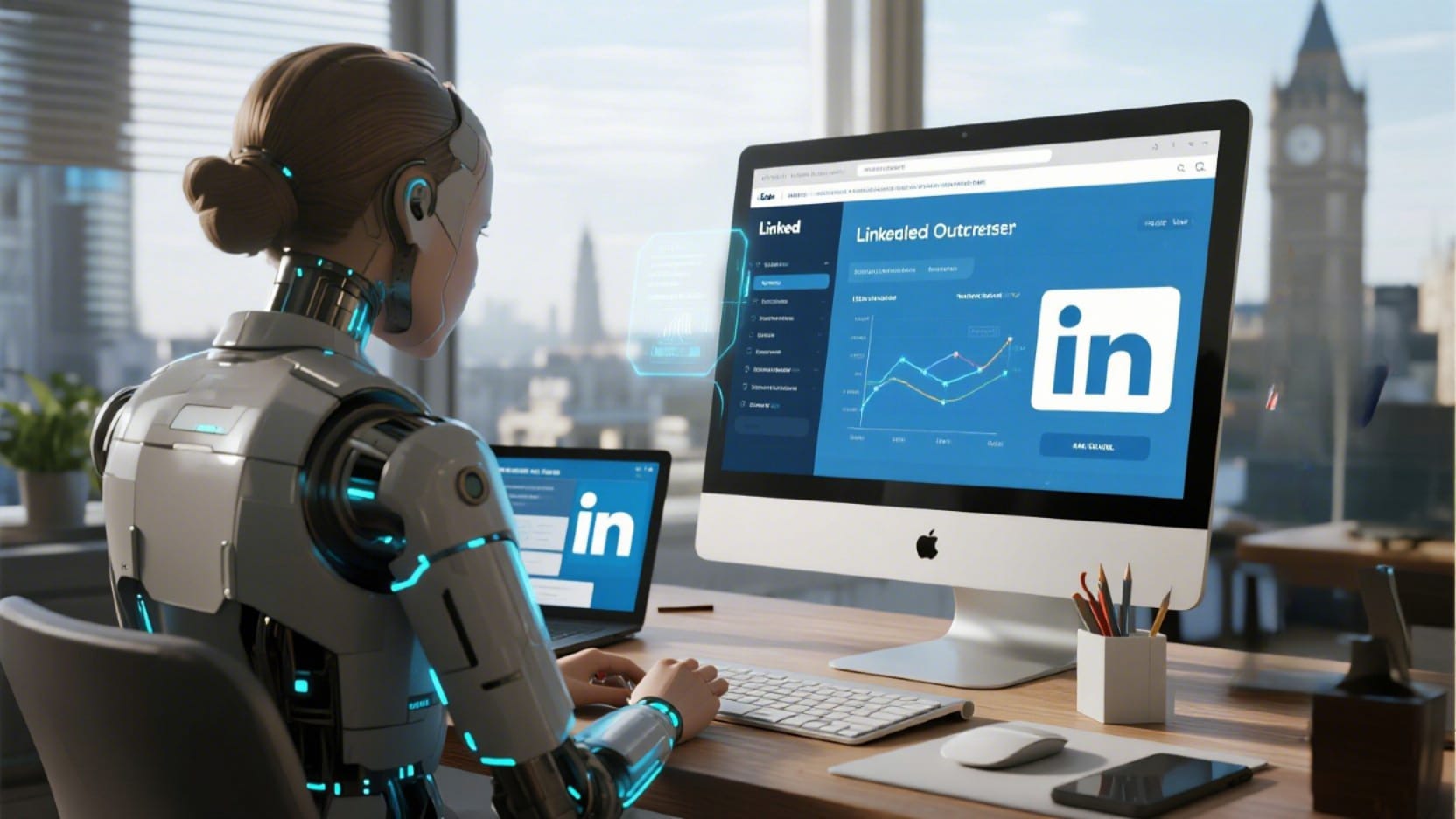 AI assistant automating LinkedIn outreach in a modern UK business office