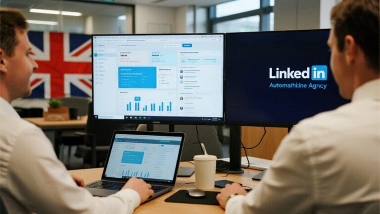 AI LinkedIn automation agency team in UK office managing B2B sales outreach dashboards