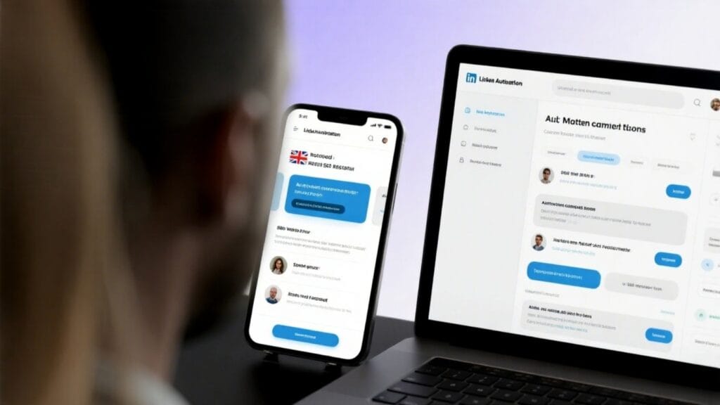 AI LinkedIn automation software displaying B2B lead messaging on laptop screen in UK business setting