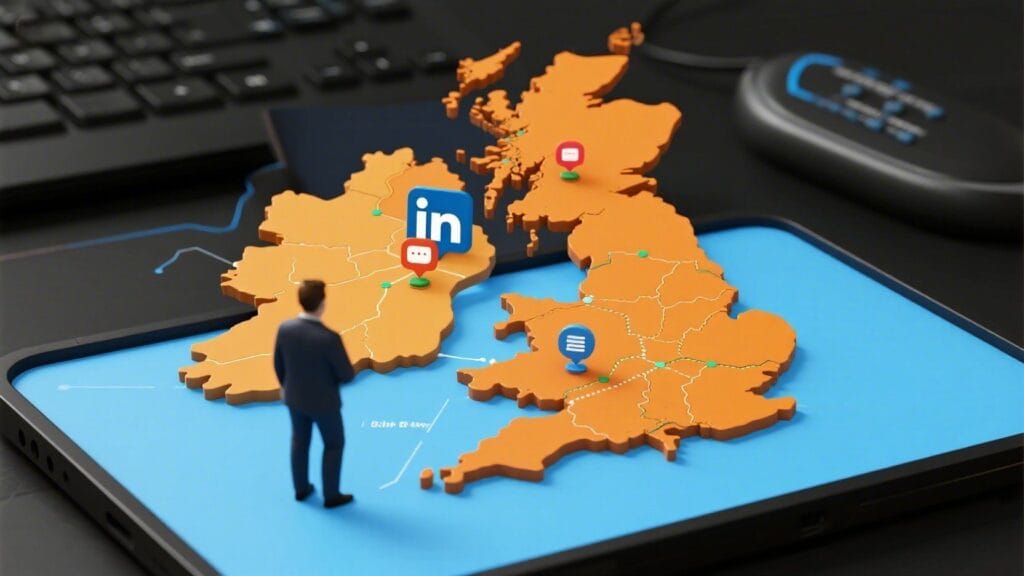 Map of UK with LinkedIn outreach results in cities like Manchester, London, and Birmingham for B2B automation campaigns