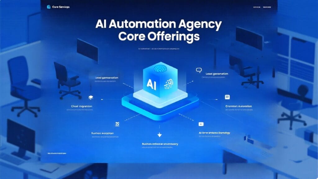 Visual representation of services offered by a UK-based AI automation agency including CRM, chatbots, analytics, and business workflow automation