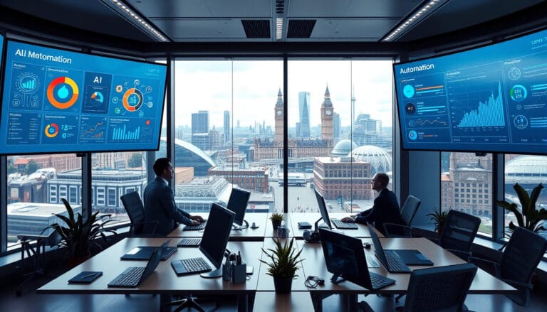 Futuristic UK office showcasing AI-driven business process automation trends and analytics tools for SMEs in 2025