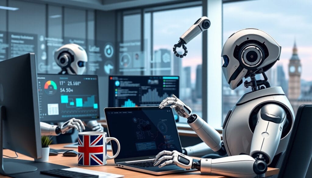 Modern UK SME office showing AI tools, automation workflows, and digital innovation trends shaping business operations in 2025