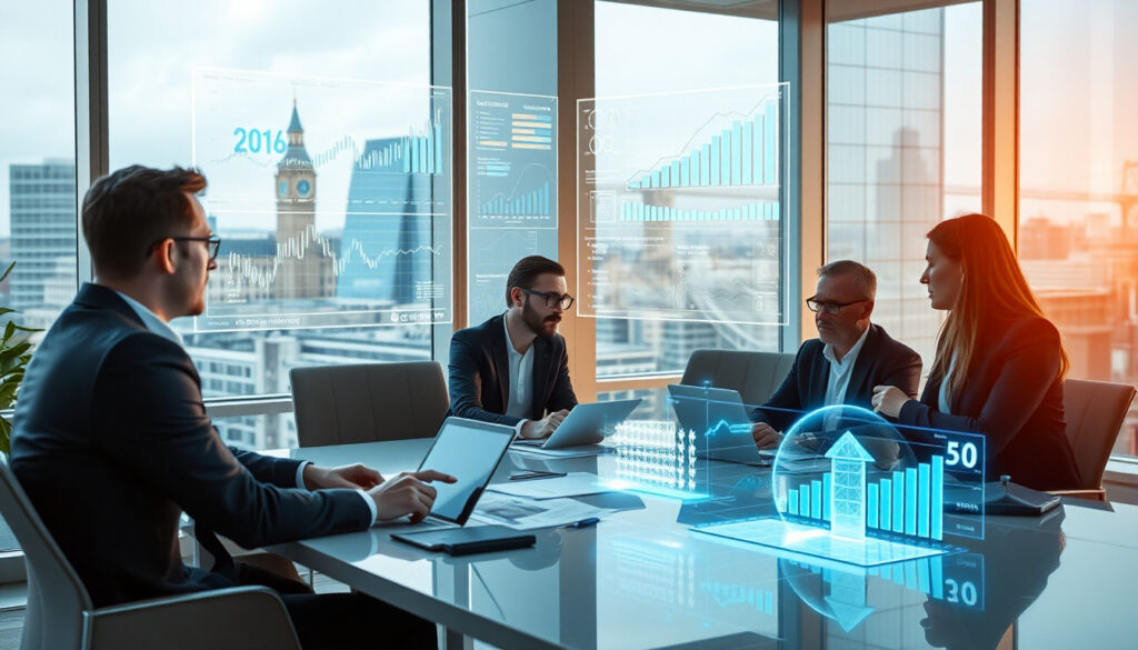 UK SME team reviewing business process automation forecasts and planning 2025 tech strategies using AI and predictive dashboards