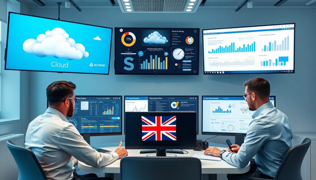 UK SME office showing connected tech stack components like AI tools, CRM, and automation software enabling business process automation in 2025
