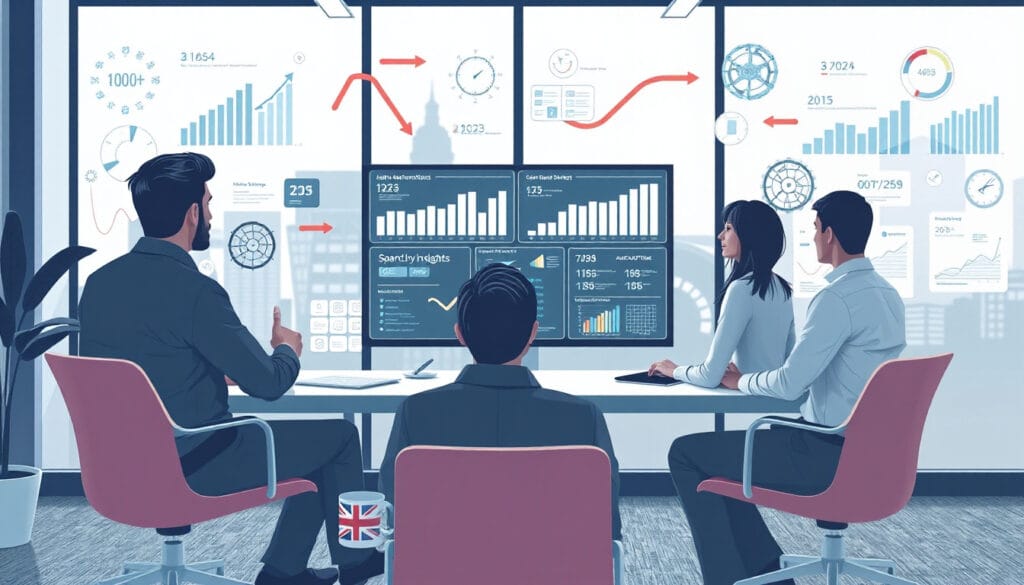 UK business team reviewing quick takeaways on 2025 business process automation trends with AI dashboards and forecast charts