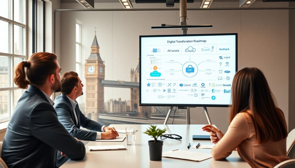 UK BPA consultant showing digital transformation strategy with automation tools and smart dashboards