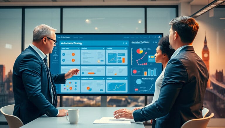Team at a business process automation agency in the UK discussing workflow automation strategy with digital dashboards